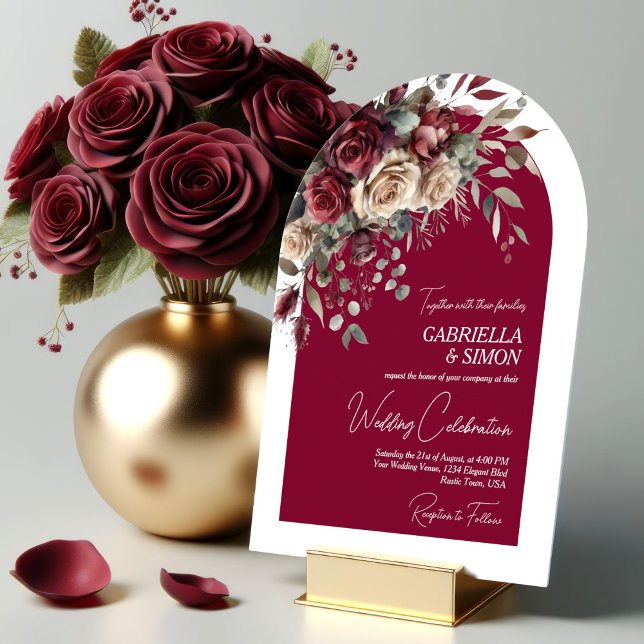 Elegante Arch Burgund & Cream Rose Hochzeit Einladung (Von Creator hochgeladen)