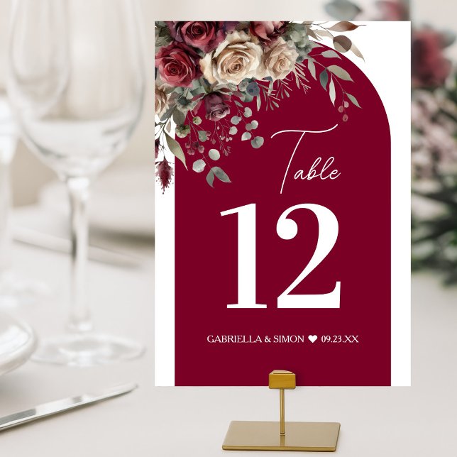 Elegante Arch Burgund & Cream Rose Hochzeit Tischnummer (Von Creator hochgeladen)