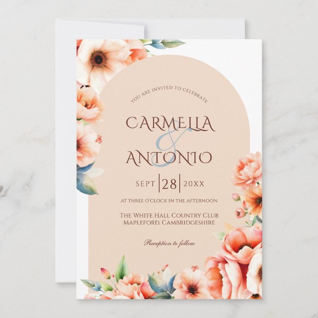 Elegante Arch Detail Peach Wedding Einladung (Vorderseite)