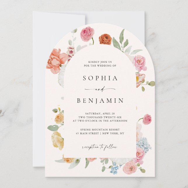 Elegante Arch farbenfrohe Frühlingsblumen Hochzeit Einladung (Vorderseite)