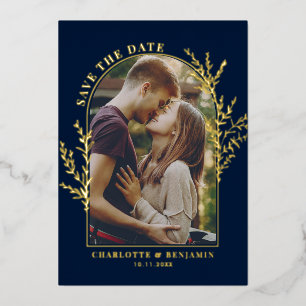 Elegante Arch-Foto-Hochzeit Save the Date Goldfoli Folieneinladung