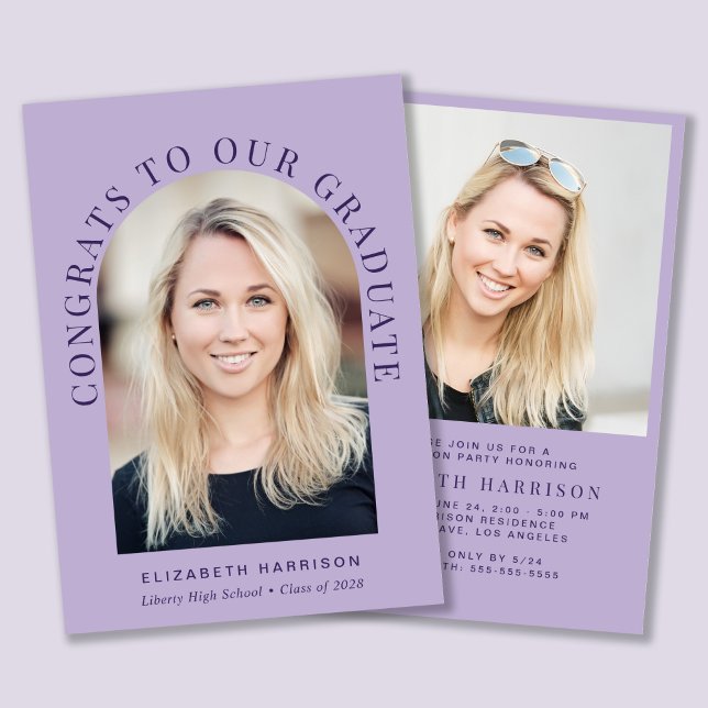 Elegante Arch Foto Lavender Graduation Party Einladung (An elegant arch photo graduation party invitation to celebrate the graduate's achievements)