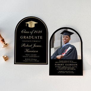 Elegante Arch-Foto Schwarz Gold Abschlussfeier Einladung