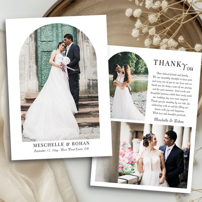 Elegante Arch Wedding Foto Trio Dankeskarte (Elegant Arches wedding photo thank you card by Darling & May)