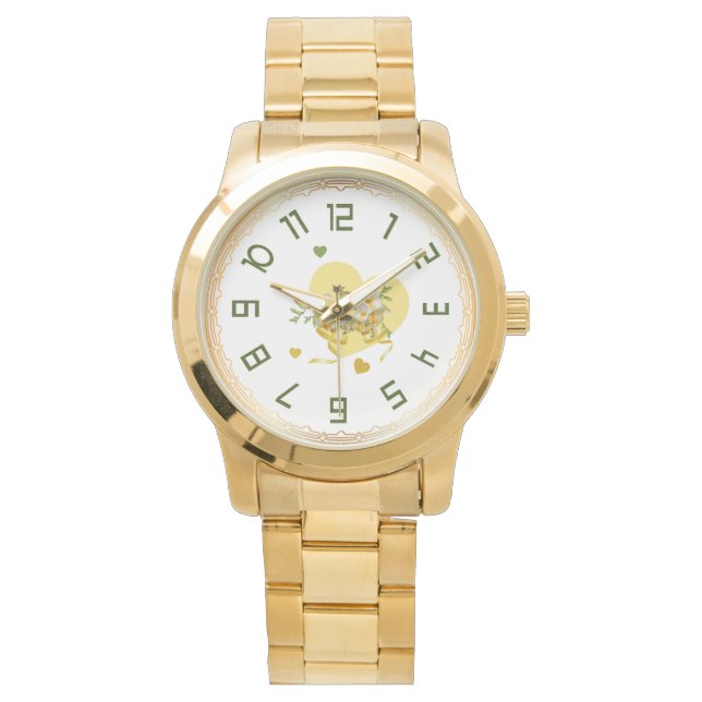 Elegante Armbanduhr mit goldenen Herzen und Blume (Vorderseite)