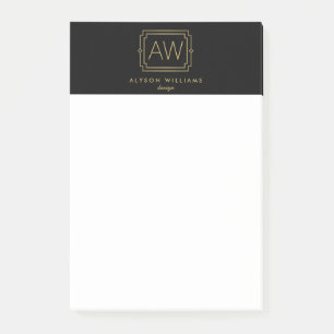 Elegante Art Deco Beruflich Monogram Black/Gold Post-it Klebezettel