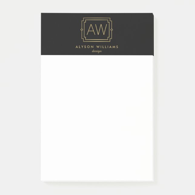 Elegante Art Deco Beruflich Monogram Black/Gold Post-it Klebezettel (Vorderseite)