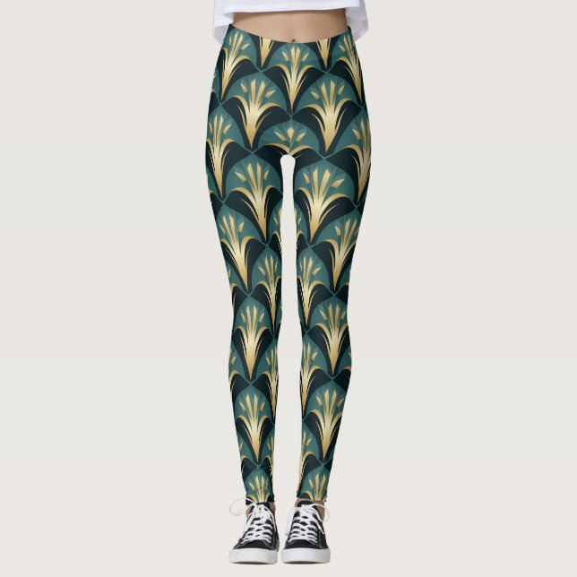 Elegante Art Deco Fan Muster in Gold und Aquamarin Leggings (Vorderseite)