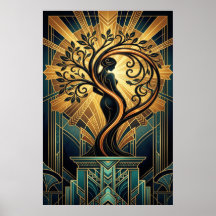 Elegante Art Deco Frau Baum Silhouette Schwarz Gol