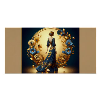 Elegante Art Deco-Frau in Gold und Blau Poster