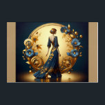 Elegante Art Deco Frauen in Gold und Blauer Metal  Acryl Wandkunst<br><div class="desc">Diese atemberaubende Kunst-Deko-Abbildung erfasst die zeitlose Eleganz einer posierten Frau in einem fließend marineblauen Gewand, das mit aufwändigen goldenen Blumendekorationen geschmückt ist. Gerahmt von einem luxuriösen goldenen Bogen mit verzierten Dekorationsmustern und zarten Blume in Blau und Gold, strahlt die Komposition Eleganz und Vintagen Glamour aus. Die harmonische Mischung aus Farben...</div>