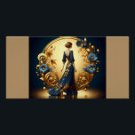 Elegante Art Deco Frauen in Gold und Blauer Metal  Poster<br><div class="desc">Diese atemberaubende Kunst-Deko-Abbildung erfasst die zeitlose Eleganz einer posierten Frau in einem fließend marineblauen Gewand, das mit aufwändigen goldenen Blumendekorationen geschmückt ist. Gerahmt von einem luxuriösen goldenen Bogen mit verzierten Dekorationsmustern und zarten Blume in Blau und Gold, strahlt die Komposition Eleganz und Vintagen Glamour aus. Die harmonische Mischung aus Farben...</div>