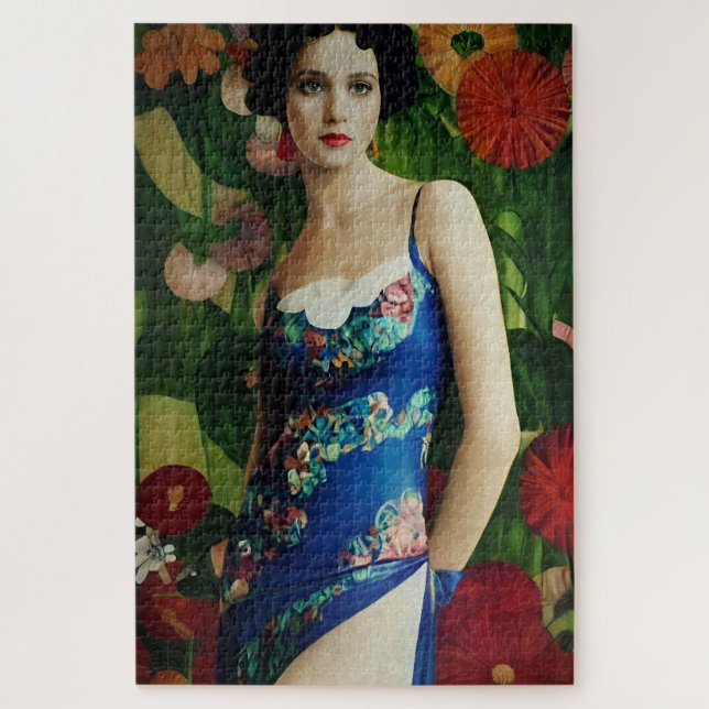 Elegante Art Deco Frauen mit großer Blume Kunst, D (Vertikal)