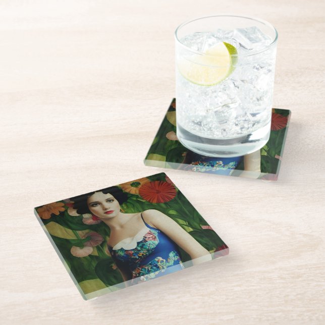Elegante Art Deco Frauen mit großer Blume Kunst, D Glasuntersetzer (Schrägansicht)