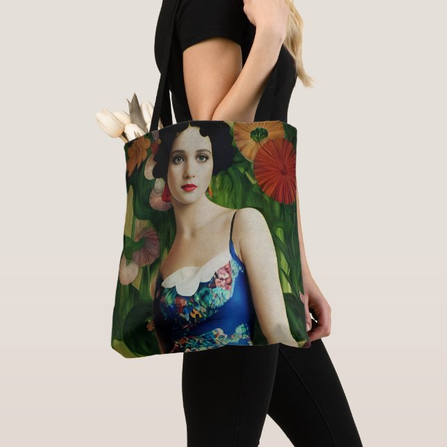Elegante Art Deco Frauen mit großer Blume Kunst, D Tasche (Von Nahem)