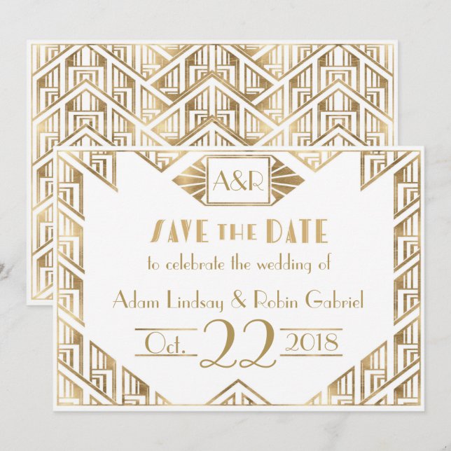 Elegante Art-Déco-Hochzeit Sichern Sie die Datumsk Einladung (Vorne/Hinten)