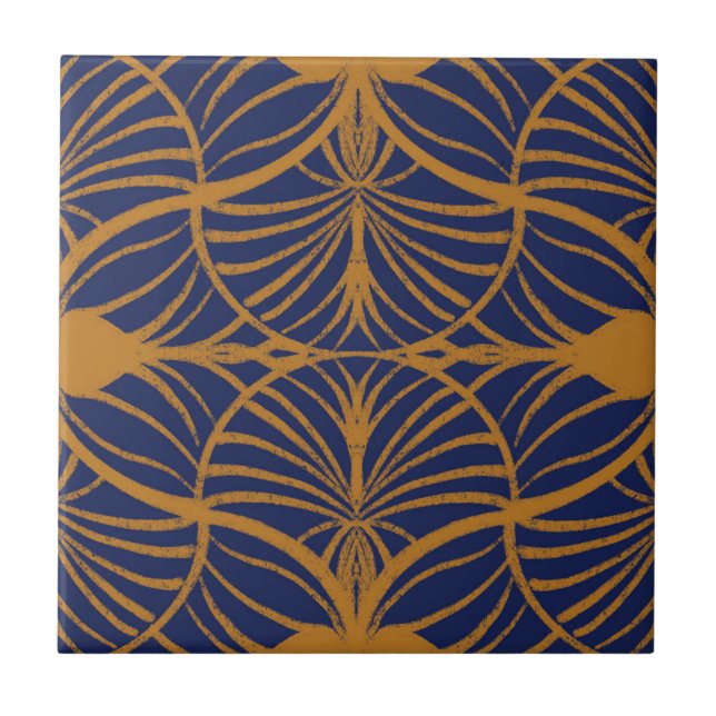 Elegante Art Deco Mustard & Cobalt Blue Scallops Fliese (Vorderseite)