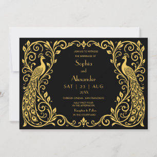 Elegante Art Deco Pfau Gold Schwarz Hochzeit  Einladung