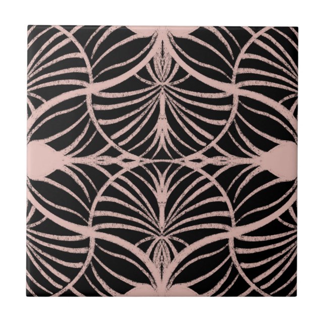 Elegante Art Deco Rosa und schwarz Gouache Scallop Fliese (Vorderseite)