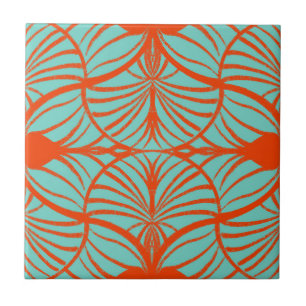 Elegante Art Deco Rot & Türkis Gouache Scallops Fliese