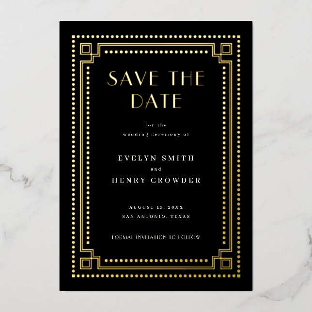 Elegante Art Deco Save the Date Karte mit Grenzen (Vorderseite)