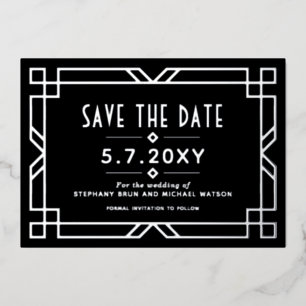 Elegante Art Deco Save the Date Schwarze Silberkar Folieneinladung