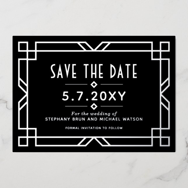 Elegante Art Deco Save the Date Schwarze Silberkar Folieneinladung (Vorderseite)