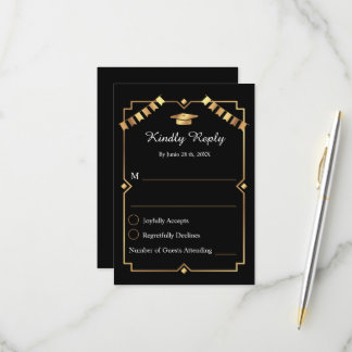 Elegante Art Deco Schwarz-Gold-Abschlussfeier RSVP Karte