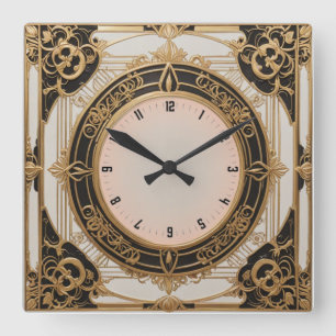 Elegante Art Deco Schwarz und Gold Quadratische Wanduhr