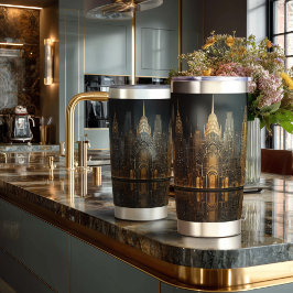 Elegante Art Deco-Stadt-Silhouette in Gold auf Sch Thermobecher