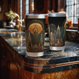Elegante Art Deco-Stadt-Silhouette in Gold auf Sch Thermobecher