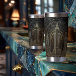 Elegante Art Deco-Stadt-Skyline in Gold auf Schwar Thermobecher