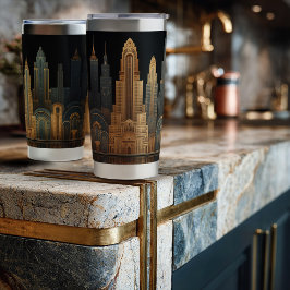 Elegante Art Deco-Stadt-Skyline in Gold auf Schwar Thermobecher