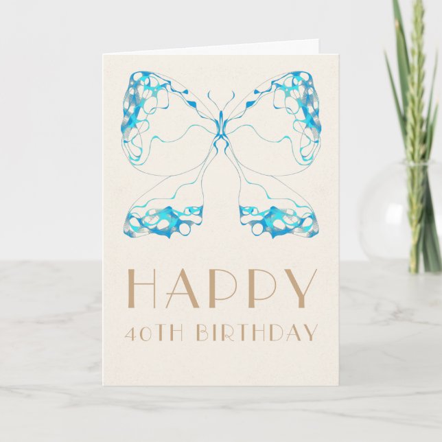 Elegante Art Deco Whimsical Blue Butterfly Geburts Karte (Vorderseite)