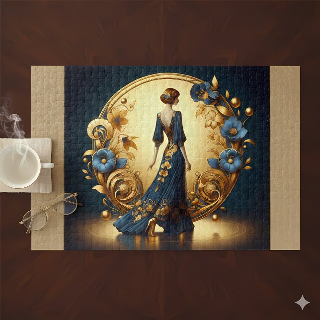 Elegante Art Deco Wine tasting in der Fattoria Mon (Elegant Art Deco Woman in Gold and Blue Jigsaw Puzzle Mockup A)