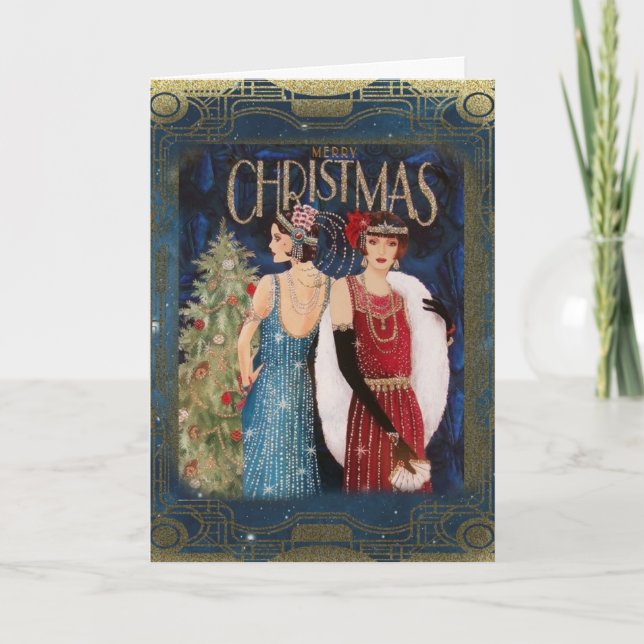 Elegante Art Deo Ladys Celebrate Weihnachtskarte Karte (Vorderseite)