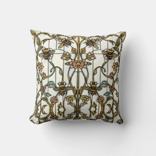 Elegante Art Nouveau-Botanik-Bienenglasmalerei Kissen