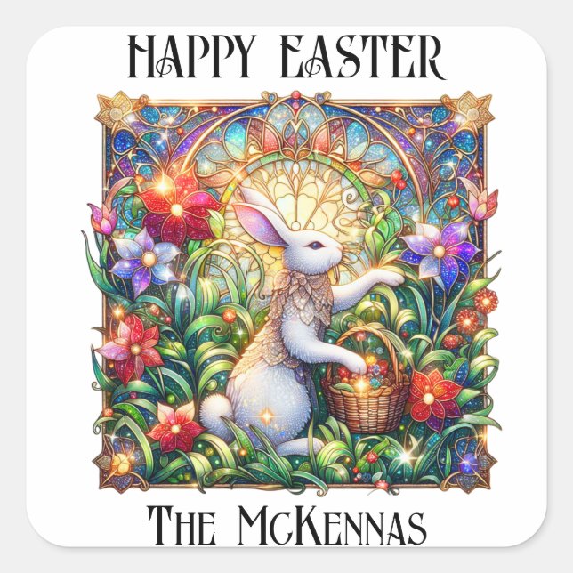 Elegante Art Nouveau Bunny Garden Ostern Quadratischer Aufkleber (Vorderseite)