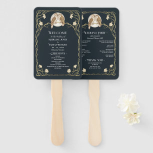 Elegante Art Nouveau-Eulen-Hochzeitsprogramm Fächer