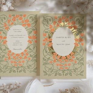 Elegante Art Nouveau Floral Lachsgrüne Hochzeit Folieneinladung