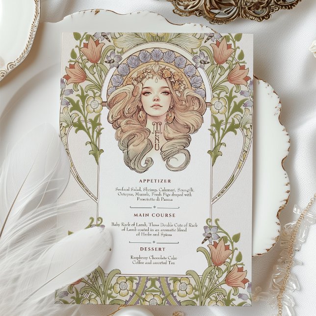 Elegante Art Nouveau Floral Wedding Menu Karte (Von Creator hochgeladen)