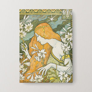 Elegante Art Nouveau Frau Weiße Lilie Illustration Button