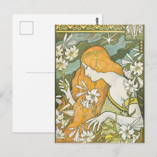 Elegante Art Nouveau Frau Weiße Lilie Illustration Postkarte