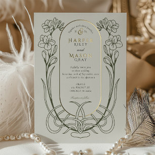 Elegante Art Nouveau Freesien-Linienkunst-Hochzeit Folieneinladung