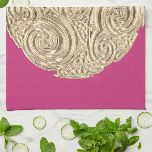 Elegante Art Nouveau Gold Fuschia Rosa Medaillon Geschirrtuch (Gefaltet)