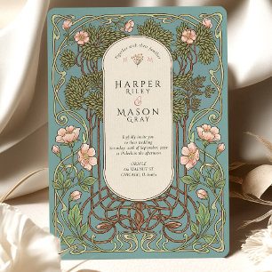 Elegante Art Nouveau Hochzeit mit rosa Lilie Einladung