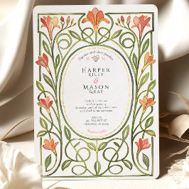 Elegante Art Nouveau Korallen-Lilien-Hochzeitseinl Einladung