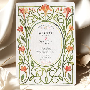Elegante Art Nouveau Korallen-Lilien-Hochzeitseinl Einladung