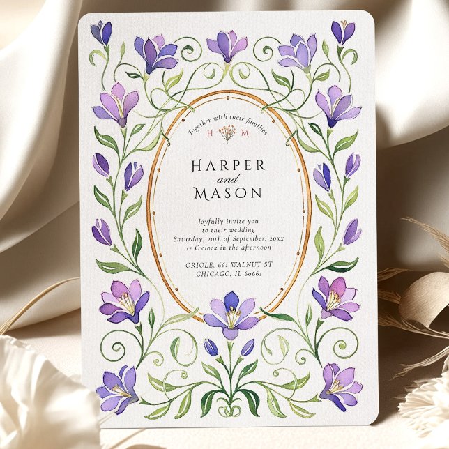 Elegante Art Nouveau Lila Freesias Wedding Einladung (Von Creator hochgeladen)