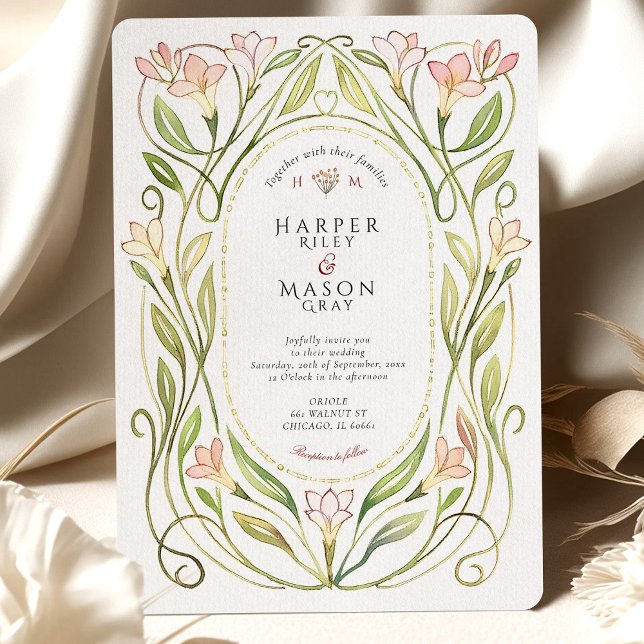 Elegante Art Nouveau Peach Lily Wedding Einladung (Von Creator hochgeladen)